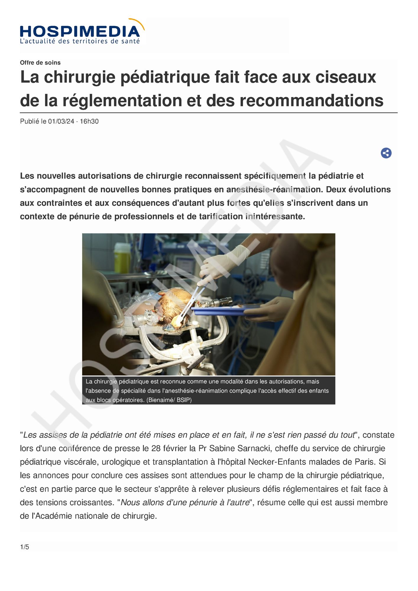 Hospimedia.fr - 01 mars 2024 : La chirurgie pédiatrique fait face aux ciseaux de la réglementation et des recommandations