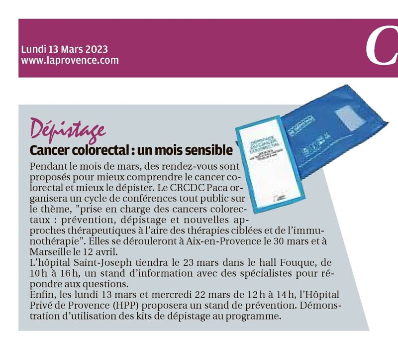 Dépistage Cancer colorectal : un mois sensible : La Provence  - 13/03/2023