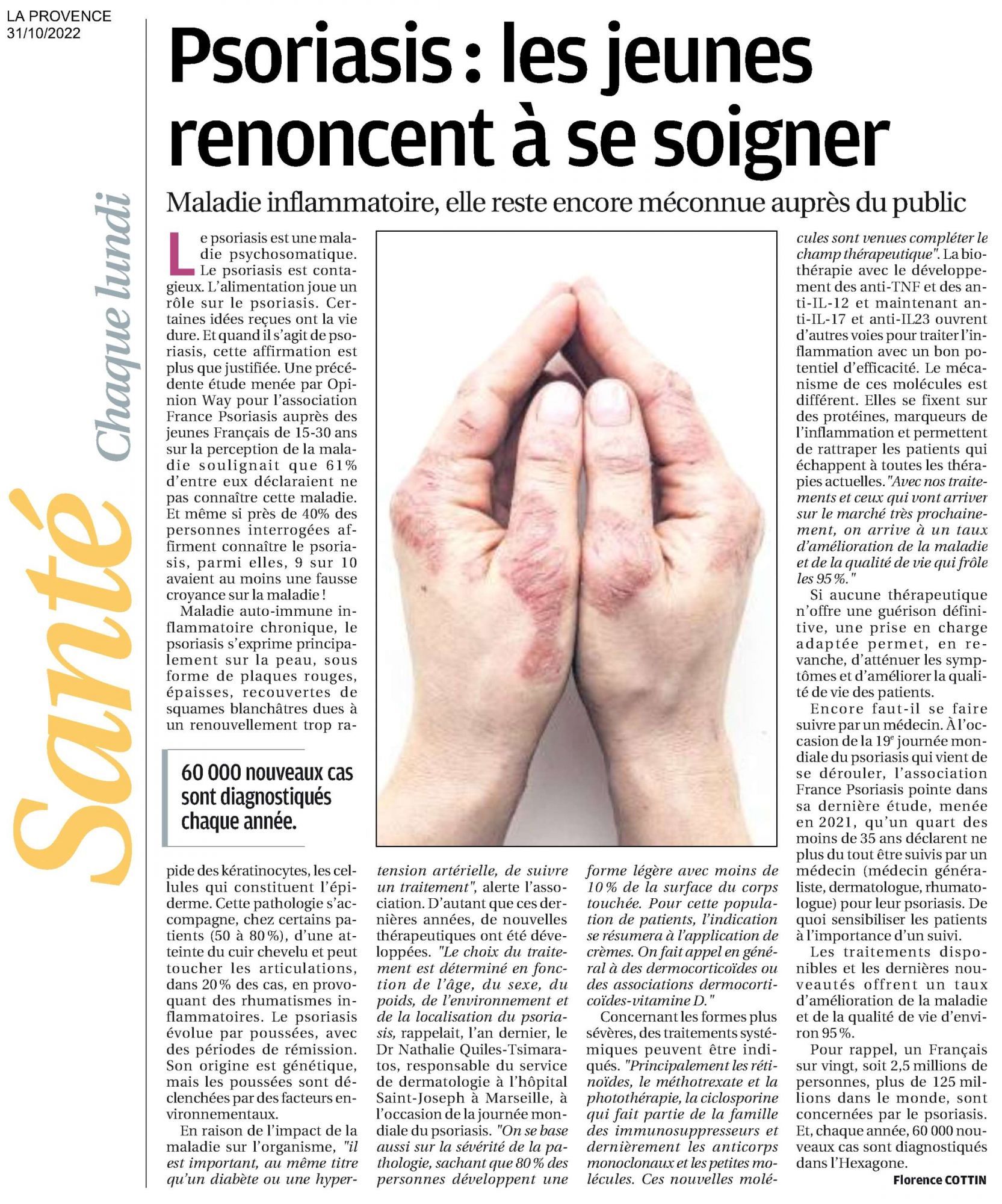 Psoriasis : les jeunes renoncent à se soigner : La Provence - 31/10/2022