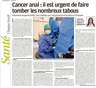 Cancer anal : il est urgent de faire tomber les nombreux tabous - La Provence - 10/10/2022