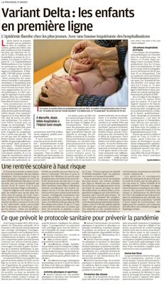 "Variant Delta : les enfants n'y échappent pas" La Provence du 21/08/2021 