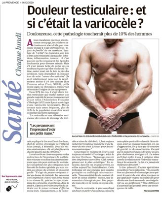 La Provence, 14/12/2020 : Douleur testiculaire : et si c'était la varicocèle ?