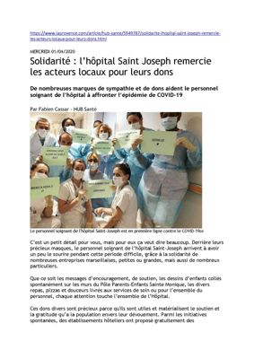 Solidarité : l'Hôpital Saint Joseph remercie les acteurs locaux pour leurs dons