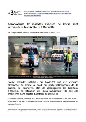 Coronavirus : 12 malades évacués de Corse sont arrivés dans les hôpitaux à Marseille