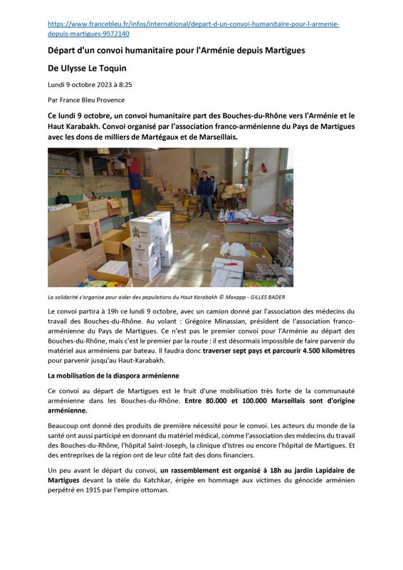 Départ d'un convoi humanitaire pour l'Arménie depuis Martigues : Francebleu.fr - 09/10/2023 