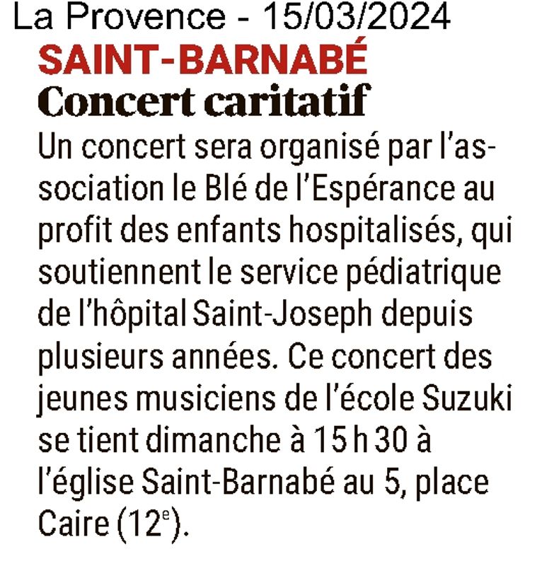 La Provence, 15 mars 2024 : Saint-Barnabé - Concert caritatif