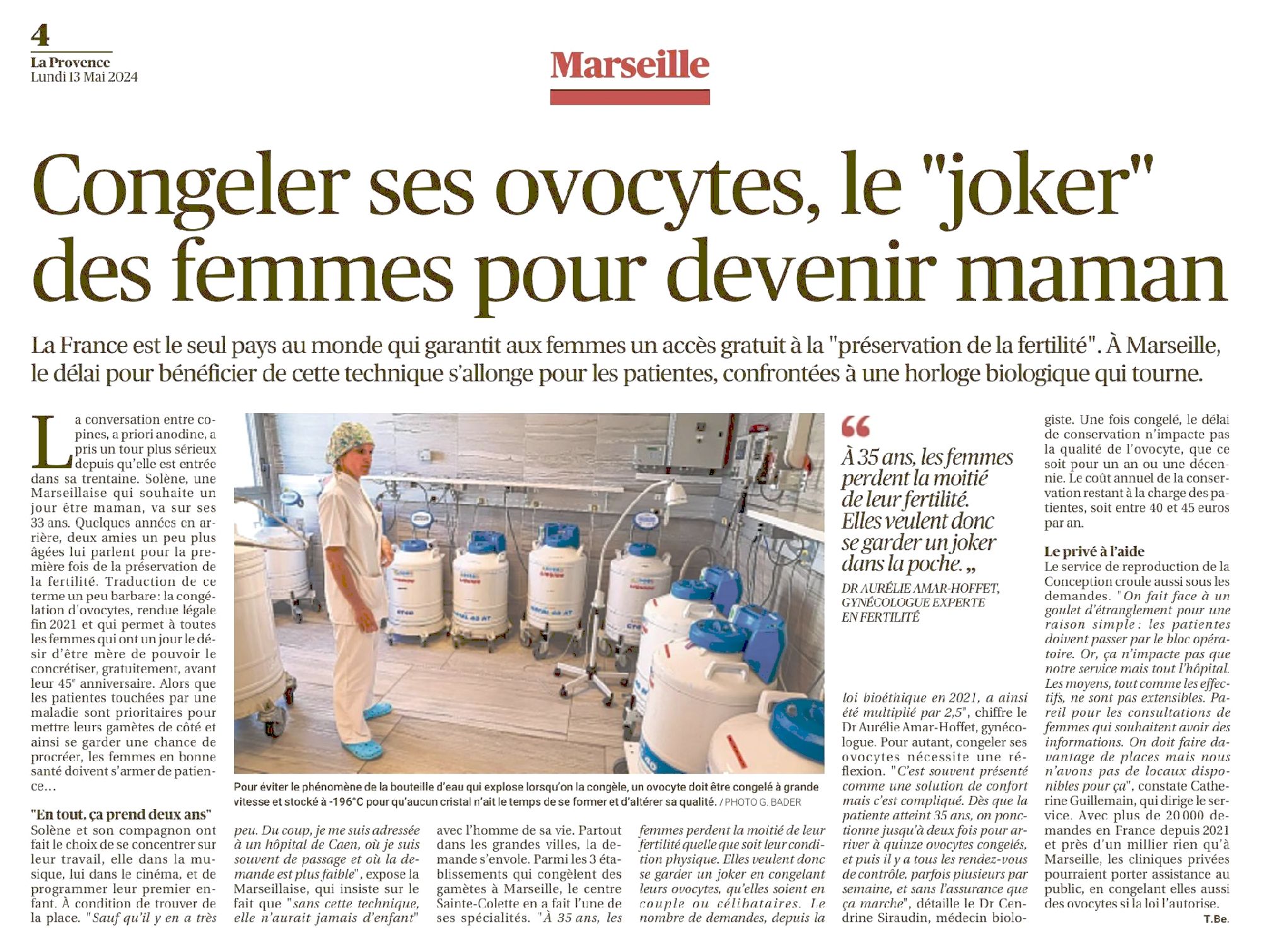 La Provence, 13 mai 2024 : Congeler ses ovocytes, le « joker » des femmes pour devenir maman