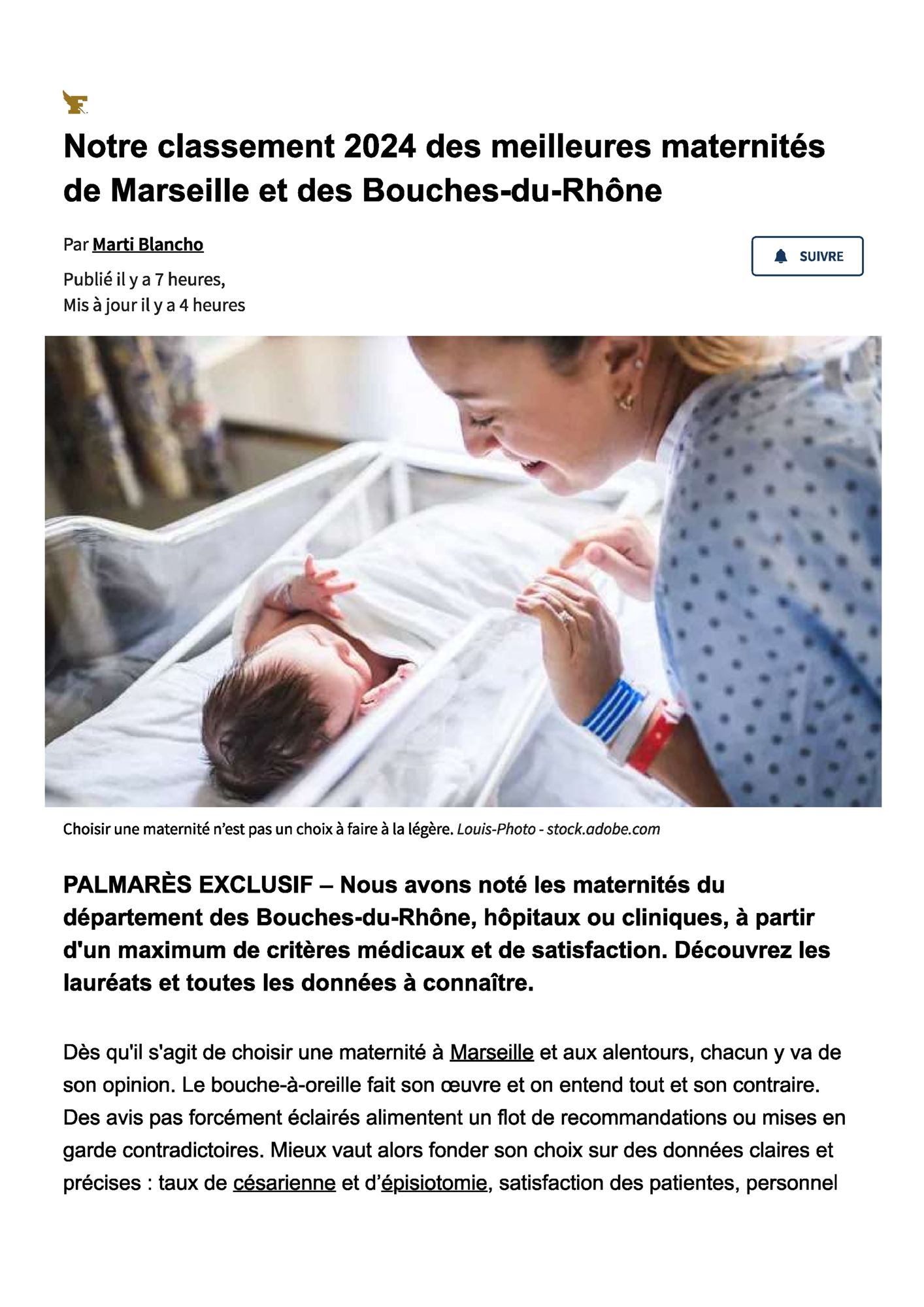 Le Figaro, 27/08/2024 : Classement des meilleures Maternités de Marseille et Bouches-du-Rhône