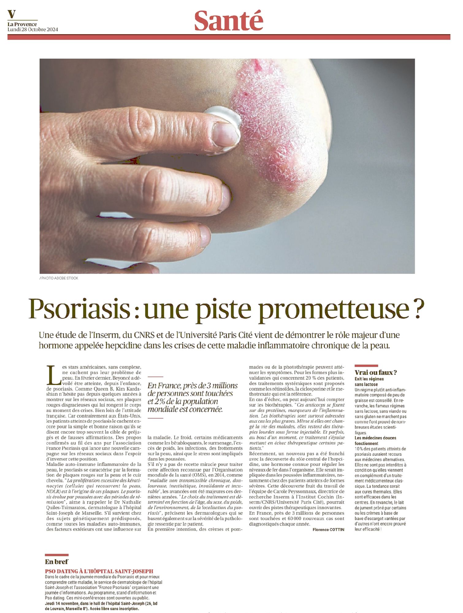 La Provence, 28/10/2024 : Psoriasis : une piste prometteuse ?