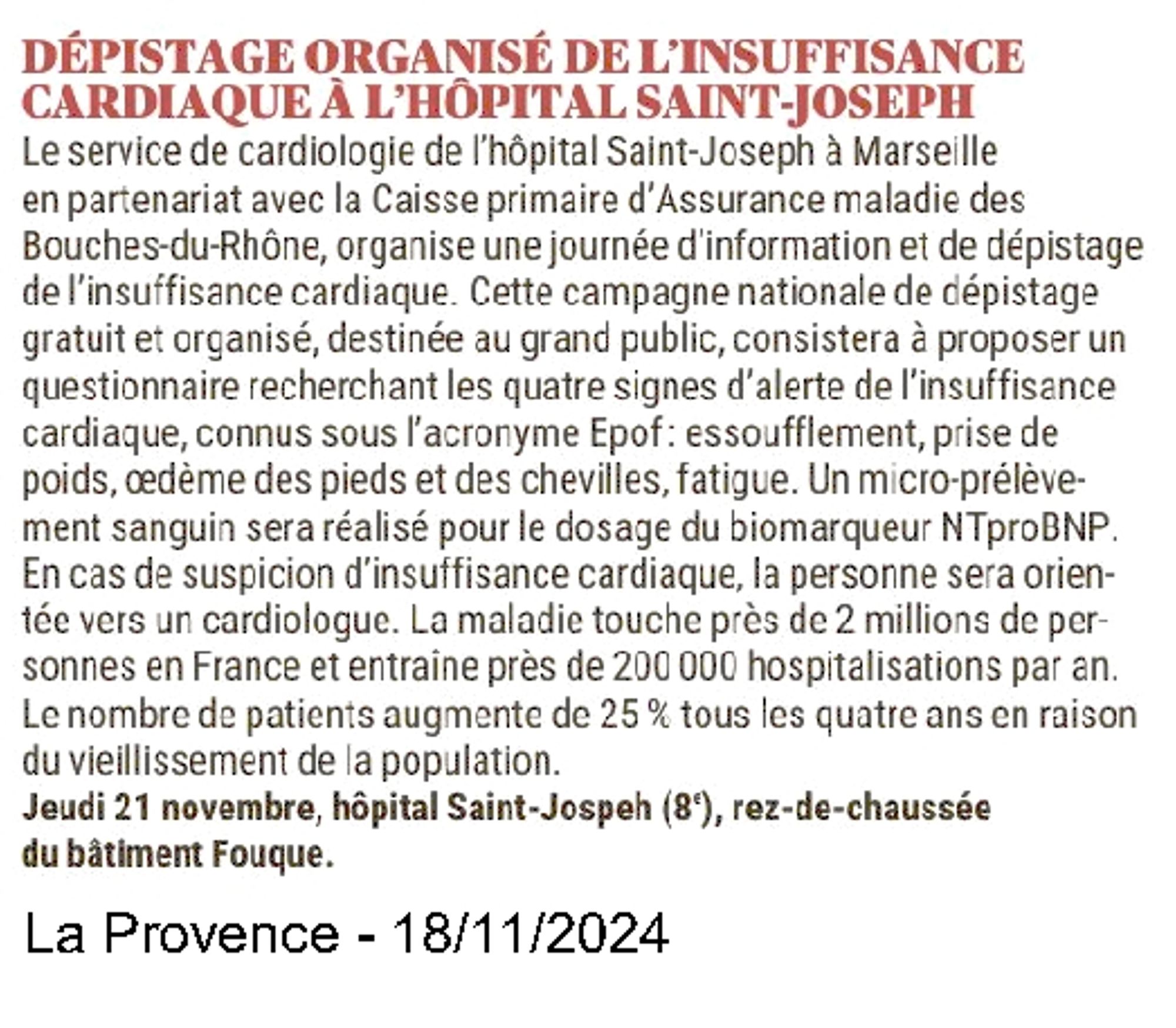 La Provence, 18/11/2024 : Dépistage organisé de l'insuffisance cardiaque à l'Hôpital Saint-Joseph