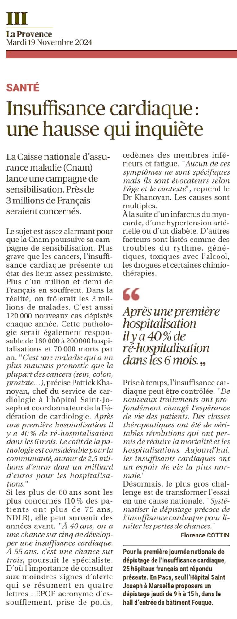 La Provence, 19/11/2024 : Santé – Insuffisance cardiaque : une hausse qui inquiète