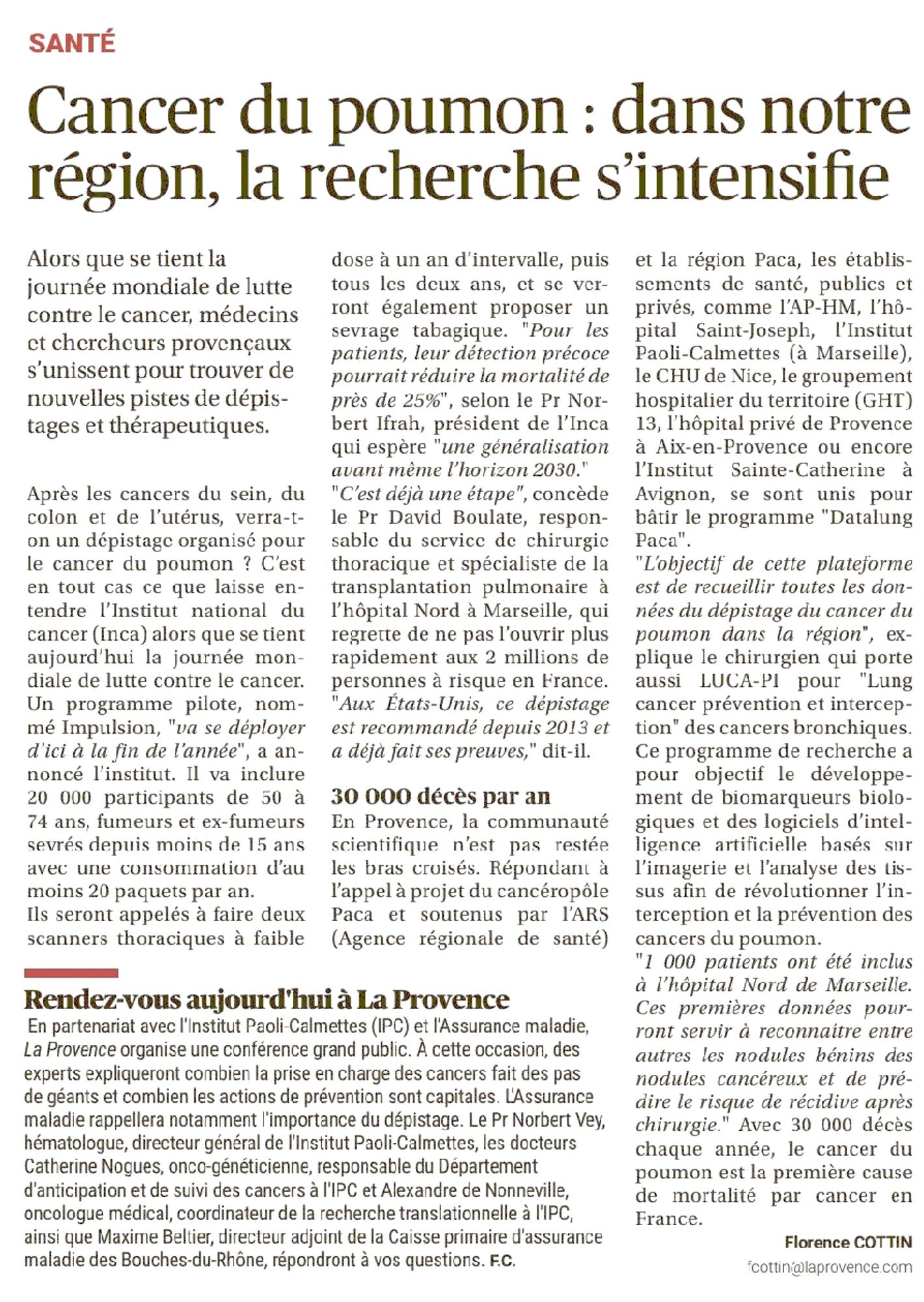 La Provence, 04/02/2025 : Cancer du poumon : dans notre région, la recherche s’intensifie