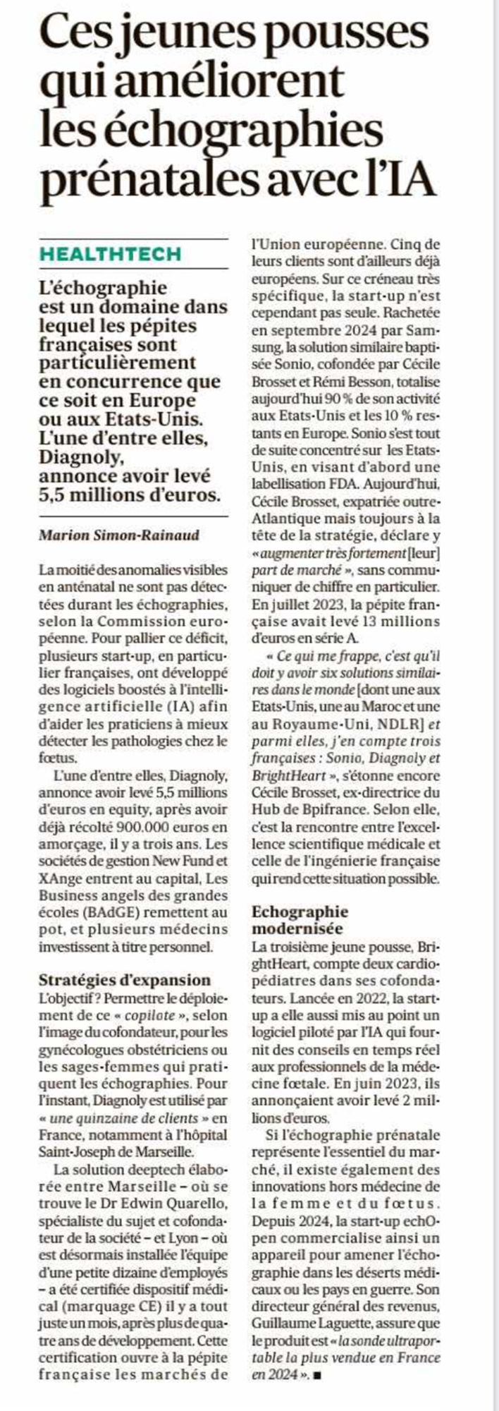 Les Echos, 08/04/2025 : Ces jeunes poussent qui améliorent les échographies prénatales avec l’IA