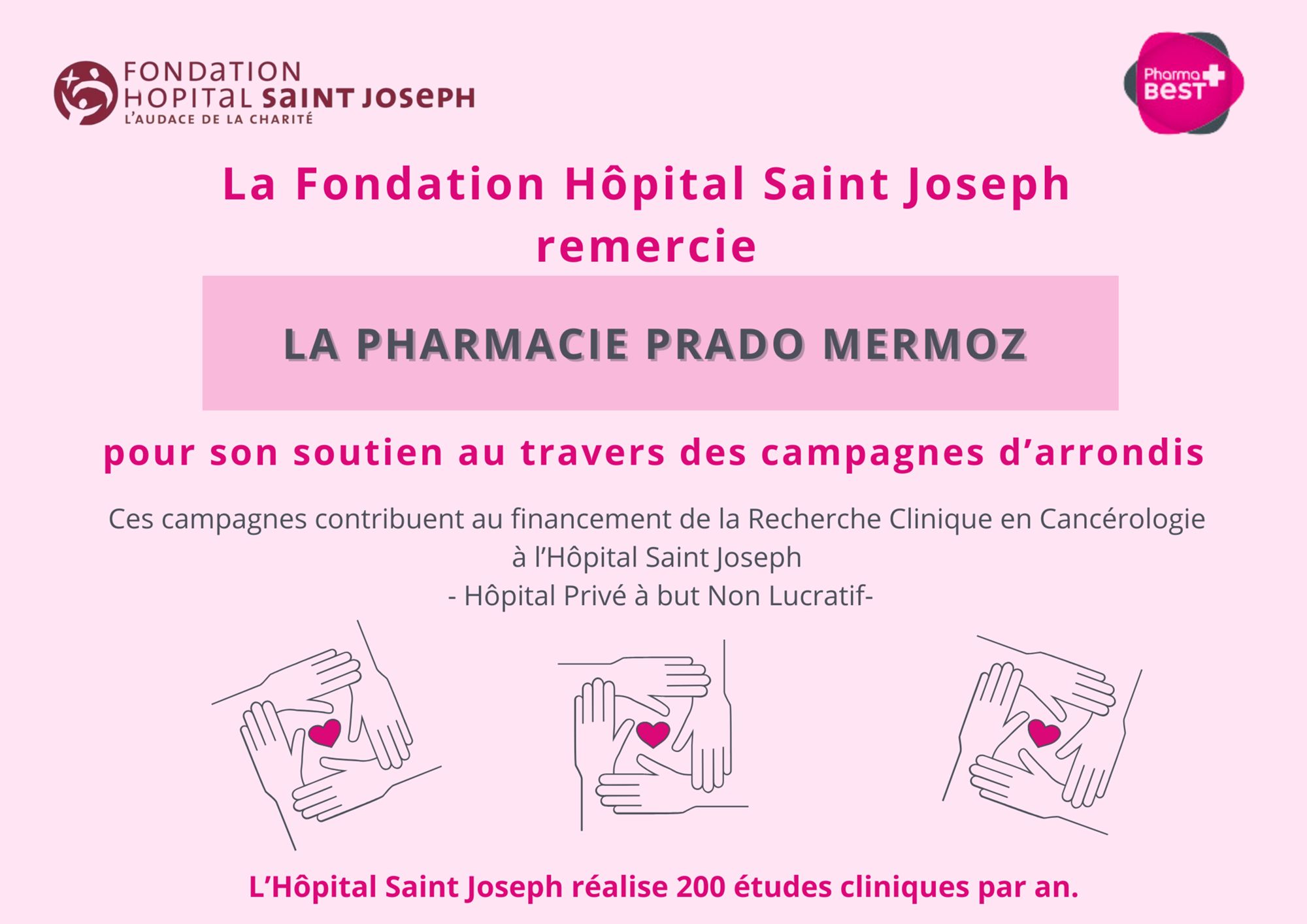 FONDATION : La Pharmacie PRADO MERMOZ poursuit son engagement aux côtés de la Fondation Hôpital Saint Joseph 